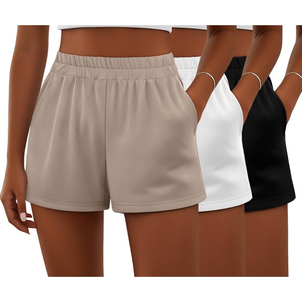 Ficerd 3 Pack Women's Sweat Shorts, Elastic High Waist Casual