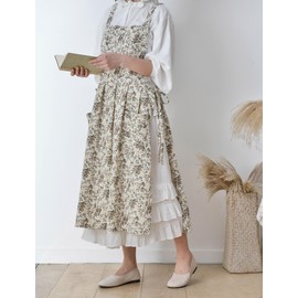 OBEEII Apron for Women Girls Cute Cotton Linen Kitchen Cooking Apron Dress with Pockets Vintage Floral Print Pinafore Dress Baking Gardening Work Art Painting Florist Shop Overalls White-Floral Print