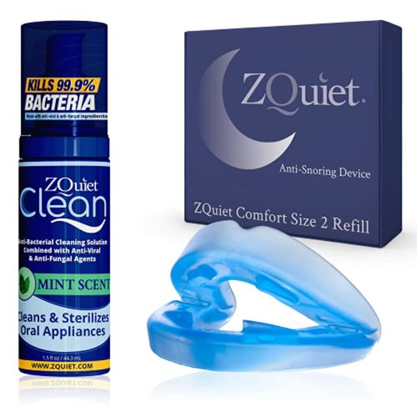 ZQuiet Anti-Snoring Mouthpiece Solution - Comfort Size #2 (Single Device) + Cleaner (1.5oz Bottle) - Made in USA Snoring Solution for a Better Night’s Sleep (Blue)