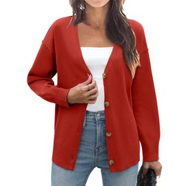 Zeagoo Women's Oversized Button Cardigan Sweaters 2025 Fall Open Front Lightweight Cardigans V Neck Loose Knit Outwear Red