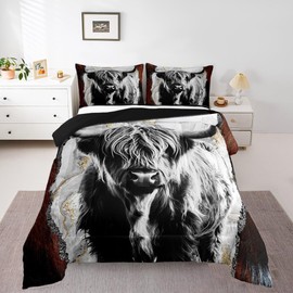 Erosebridal Highland Cow Comforter Set, Gold Grey Marble Quilted Comforter for Kids Boys Men, Wildlife Farmhouse Cattle Bull Bedding Set, Queen Size