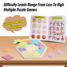 Skrtuan Wooden Hexagon Puzzle for Kid Adults Wooden Blocks Puzzle Brain Teasers Toy Shape Pattern Blocks Tangram Puzzles Games Family Portable Montessori Educational Gift for Kid Children