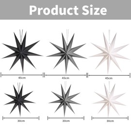 JOYSAL Pack of 6 Paper Stars for Christmas Decoration, 3 x 30 cm & 3 x 45 cm Paper Star Decoration, Neuneck Christmas Star Decoration (Black & White & Grey)