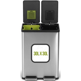 Simpli-Magic 60 Liter / 16 Gallon Rectangular Hands-Free Dual Compartment Recycling Kitchen Step Trash Can with Soft-Close Single Lid, Stainless Steel (30L x 30L Capacity)