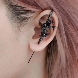 Inateannal Star Moon Ear Hook Earrings Moon Ear Wrap Crawler Cuff Earrings Star Needle Piercing Hook Earring Goth Black CZ Crescent Earring Jewelry for Women