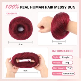 FGZJMAE Human Hair Bun Hair Piece Wavy Tousled Stretchy Fluffy Donut Updo Elastic Rubber Band Wrap On Instant Hair Piece(2 Count #99J Burgundy