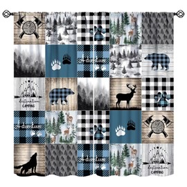 Rustic Cabin Kitchen Curtains Retro Farmhouse Bear Deer Wolf Forest Wooden Camping Blue Buffalo Plaid Lodge Farm Printed Rod Pocket Blackout Window Drapes for Living Room Bedroom W21xL45in Decor