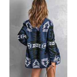 chouyatou Suéter de punto jacquard con estampado azteca tribal para mujer, Azul, XXL