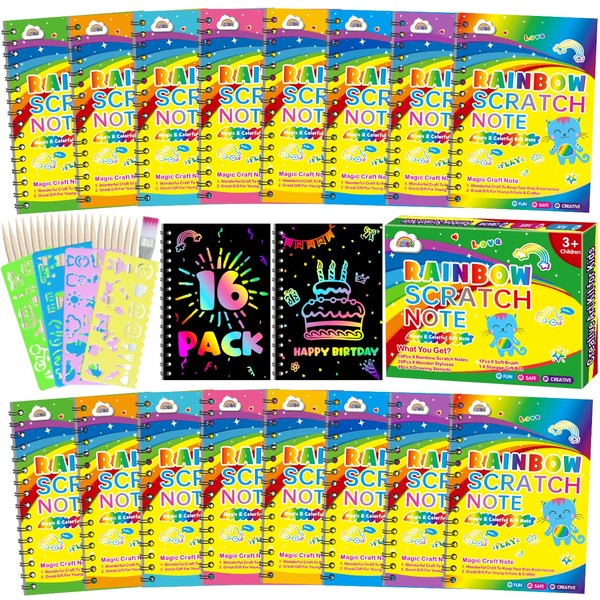 ZMLM Scratch Art Party Favors: 16 Pack Rainbow Scratch Paper Art Craft Notebooks for Kids Age 3-12 Classroom Prize Art Party Supplies Birthday Goodie Bag Stuffers Easter Christmas Gift for Girls Boys