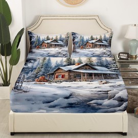 Rustic Farmhouse Kids Fitted Sheet Full Size,Snow Pine Trees Christmas Nature Bedding Set,Boys Girls Room Decor,Winter Snow Landscape Bed Cover,White Romantic Bed Sheet,2 Pillowcases