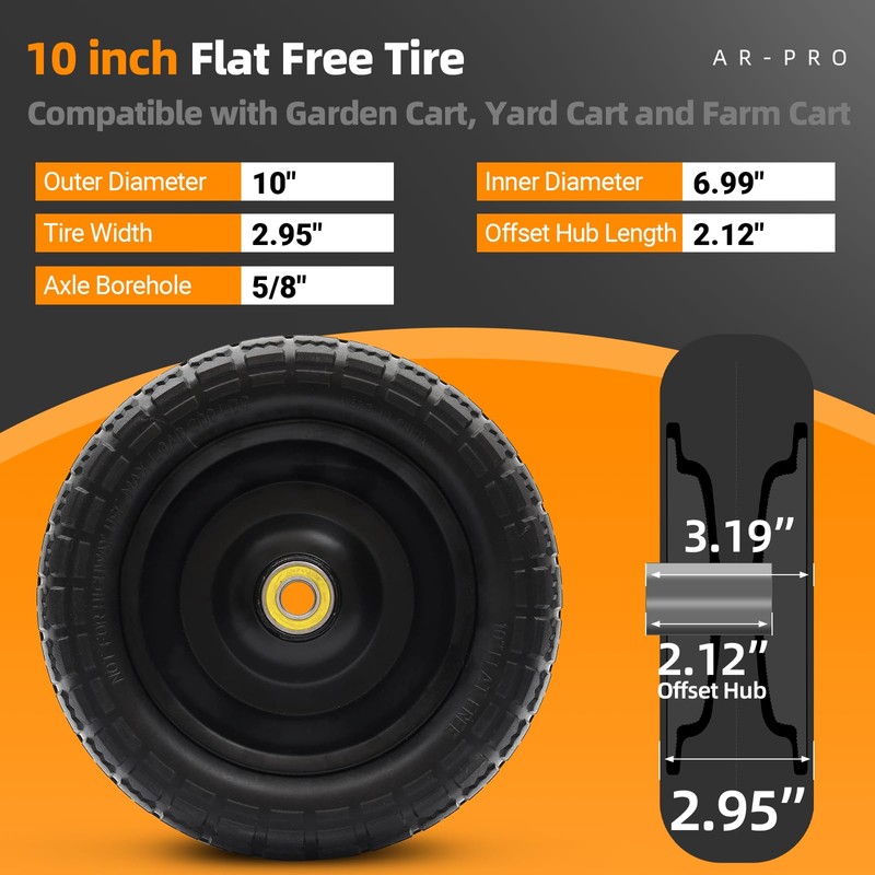 AR-PRO (2-Pack) 10" Flat Free Solid Tire and Wheel -