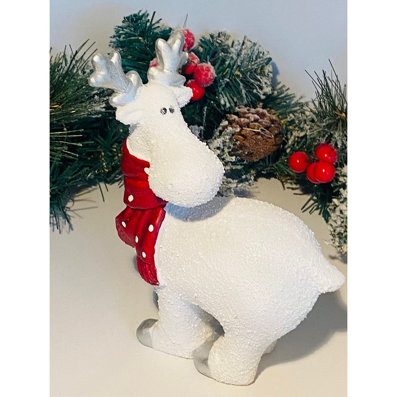 White Reindeer with Red Spotty Scarf Christmas Ornament (STANDING DEER