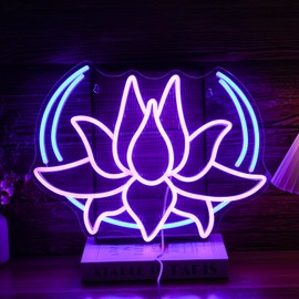 BNEMCEZH Moon Lotus Flower Neon Sign Dimmable Blue Moon Neon Light Sign for Wall Decor USB Power Purple Lotus Led Light Up Sign for Bedroom Yoga Room Game Room Man Cave