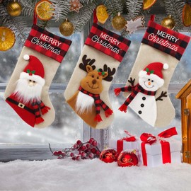 3PCS Large Christmas socks 3D Christmas Stockings Hanging stockings with Santa, Snowman & Reindeer -Use thick linen cloth and red black water bull grid cloth Embroidery English christmas decorations