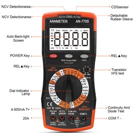 AIOMEST Digital Multimeter, 770S Voltage Meter, Measures AC/DC Volt Current Resistance Continuity Diodes Capacitor Transistor hFE with Alligator Clip Backlight