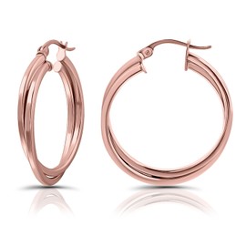 Rose Gold Flash Sterling Silver Square-Tube Double Twisted 37mm Round Hoop Earrings