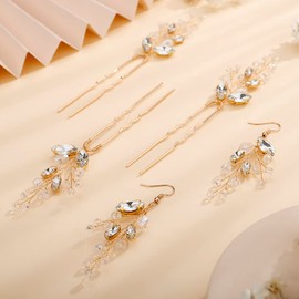 Teyglen Crystal Bride Wedding Hair Pins and Earrings Set Vintage Gold Rhinetsone Hair Clip and Earrings Set Boho Hair Pieces Headpieces Hair Jewelry Set for Women Girls (Gold)