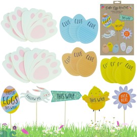 35Pcs Easter Hunt Sign Markers, Spring Holiday Activity Set, Arrow Garden Signs, Bunny Feet and Clue Cards Outdoor Decorations, Easter Yard Sidewalk Signs Party Decoration