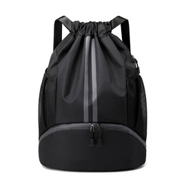 LOKAPEGY Black Drawstring Gym Bag for Men, Waterproof Drawstring Backpack for Women, Swim Bag with Shoes Compartment, Pull String Sport Bag for Soccer and Basketball.