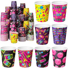 Tanlade 200 Pcs 80's Party Supplies 8 oz Disposable Paper Coffee Cup, 80s Themed Party Decorations Paper Cups for 80 Themed Party Favors, Beverage Chocolate Drinking Cups