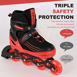 Kids Inline Skates for Girls Boys with All Wheels Illuminating, Adjuatable Mens and Womens Roller Skates Blades for Beginner in Outdoor and Indoor (Black&Red, Large - Teens&Youth)