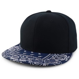 Armycrew Paisley Bandana Print Flat Bill Snapback Cap - Black Navy