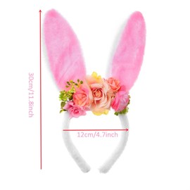 YUNHENTONG Easter Bunny Headband, Cute Rabbit Ears Headband with Realistic Flowers, Interesting Bunny Ears Children Adults, Easter Rabbit Headband for Easter Parties Accessories (Pink A)