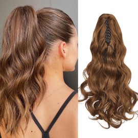 Cybelleza Ponytail Extension with Clip in Ponytail Hairpiece Braid Curly 45 cm Claw Ponytail Hair Extension Like Real Hair Wavy Long Synthetic Hair, Light Auburn
