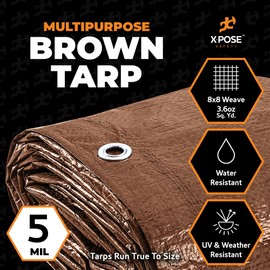 Multipurpose Protective Cover Brown Poly Tarp 8' x 15' - Durable, Water Resistant, Weather Resistant - 5 Mil Thick Polyethylene - by Xpose Safety