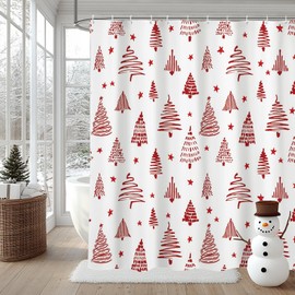 AIBIIN Christmas Shower Curtain Red Xmas Tree Stars Bath Curtains New Year Holiday Decor for Bathroom Durable Polyester Material with 12 Hooks 180x180cm