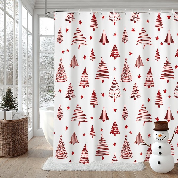 AIBIIN Christmas Shower Curtain Red Xmas Tree Stars Bath Curtains
