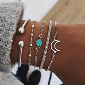 Prosy Multilayer Flower Heart Tuoquoise Crescent Moon Bracelets Set Bead Fantasy Beaded Open Hand Accessories Adjustable Jewelry for Women and Girls (Silver 3)