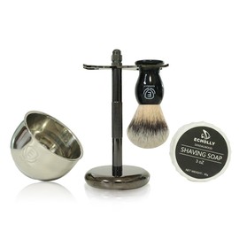 Premium Shaving Brush Kit-4 in 1 Shaving Brush Set for Men Includes Shaving Brush,Shaving Cream Soap,Stainless Steel Bowl and Safety Shaving Stand for Mens Shaving Gift Set(Black)