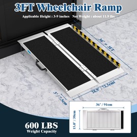 Portable Foldable Aluminum Wheelchair Ramp, 36"x29"x2", 600lb Capacity, with Rubber Traction Pads, Stainless Steel Hinges, for Home & Car, Easy to Carry & Store