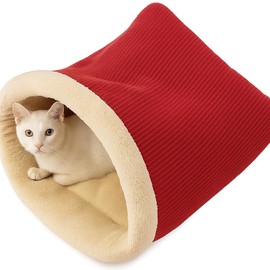 SWIFTSUPPLIES Cat Sleeping Bag - Cozy Plush Pet Bed for Cats and Small Pets, 13" x 10" x 1.6" (33 x 26 x 4 cm), Soft Red & Cream Design, Machine Washable, Portable Comfort