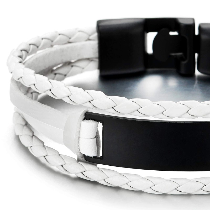 COOLSTEELANDBEYOND Three Rows Black ID Identification White Braided Leather Bracelet