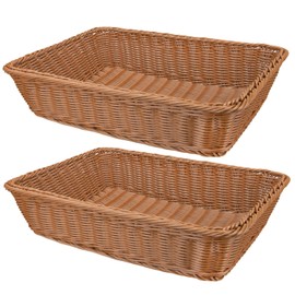 Yarlung 2 Pack Poly Wicker Woven Bread Basket, 15.7 Inch Rectangular Fruit Baskets Food Serving Holders for Vegetables, Home, Kitchen, Restaurant, Outdoor, Imitation Rattan Brown