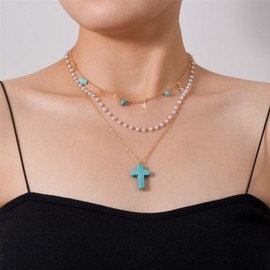 Layered Cross Necklace Multilayer Turquoise Cross Pearl Beaded Beads Necklace Choker Y2k Star Tassel Necklace for Women Jewelry