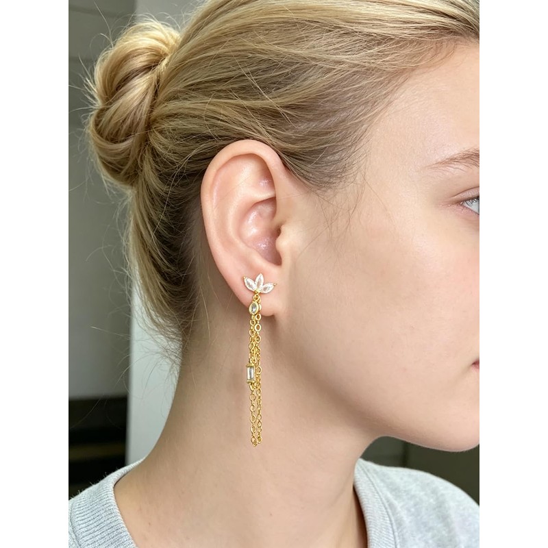 Gold Plated CZ Tassel Chain Stud Earrings For Women