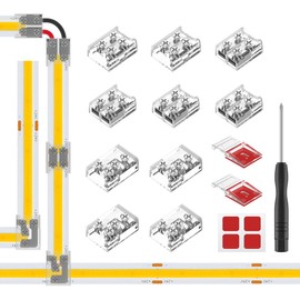 FCOB COB 2PIN 8mm LED Strip Connectors Kit 10pcs, Transparent Solderless T/L Shape Strip-to-Strip & Wire Reusable Connector w/Screwdriver for 5V-24V COB/SMD Single Color +V -V Strips