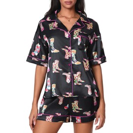 Pinclodly Womens Pajamas Y2K Short Sleeve Silk Pajamas Button Front Sleep Pjs Shirts and Boxer Shorts Cute Bow Coquette Pajamas 2025