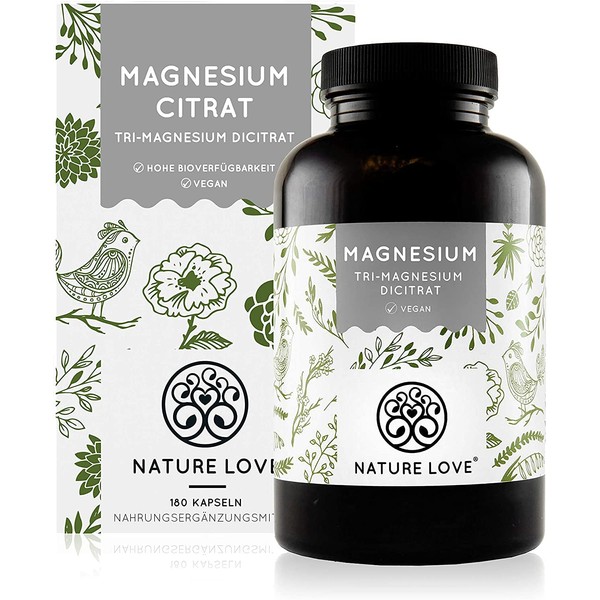 NATURE LOVE® Magnesium 2250 mg Premium Magnesium Citrate, with 360 mg Elementary Magnesium for Daily Dose 180 Capsules High dosage, laboratory-tested, no additives, vegan and made in Germany.