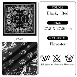 Nogeqi Pack of 2 Bandana Men Women, Satin Paisley Neckerchief 70 x 70 cm Silk Headscarf Women's Square Printed Silk Scarf Hair for Headwear Hair Scarf Neck Wrist (Red, Black), black