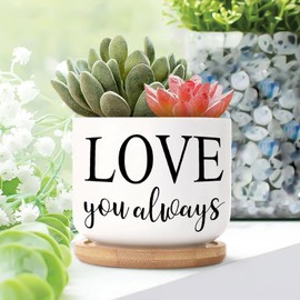 DecStic Love You Always Planters Ceramic Bible Verse Round Plant Pots with Drainage Holes and Bamboo Tray Pot for Succulents Cactus Garden Windowsill