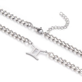 GHIUYUI Zodiac Sign Pendant Necklaces for Women Men Stainless Steel Gemini Constellation Horoscope Astrology Jewelry, 6.5mm Diamond Cut Cuban Link Curb Chain 18+2 inches (Gemini 5.21~6.20, Silver)