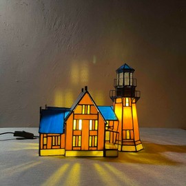 Bieye L10940 Southeast Lighthouse Tiffany Style Stained Glass Accent Table Lamp for Home Decor