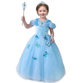 M MUNCASO Girls Cinderella Dress Princess Costume Butterfly Party Outfit Blue Dance Dress Princess Tulle Dress Costume with Accessories for Wedding Cosplay