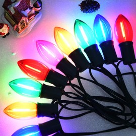 PASUTO C9 Multicolor Chritsmas Lights Outdoor, 20Ft Vintage String Lights with 22 Colorful LED Plastic Clear Bulbs(2 Spare), Hanging String Lights for Roofline Christmas Tree Decorations, Green Wire