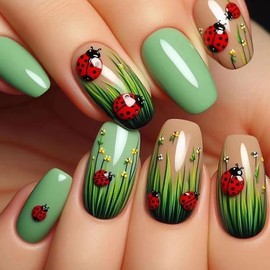 Press On Nails Glossy Full Cover Acrylic False Nails with Green Leaf Designs - Short Square Shape, Artificial Stick On Fingernails for Women