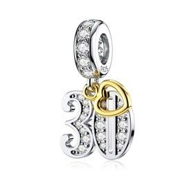 DALARAN Sterling Silver 16 18 30 40 50 60 Years Old Charms for Charm Gold Plated Heart Birthday Gift, Sterling Silver, Cubic Zirconia